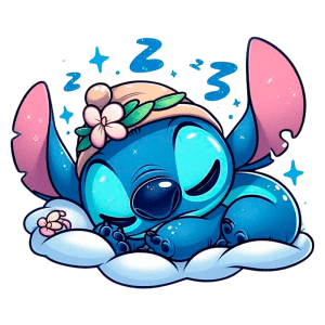 Stitch com orelhas grandes e um lenço na cabeça, dormindo em uma nuvem. Ele está cercado por estrelas e símbolos de soninho, transmitindo uma sensação de tranquilidade e descanso. Ideal para produtos infantis ou decoração lúdica.