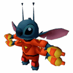 Personagem Stitch animado de um alienígena azul com orelhas grandes, vestido com um traje laranja e segurando lançadores de foguetes. Ideal para conteúdos sobre arte digital ou jogos.