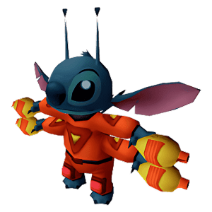 Personagem Stitch animado de um alienígena azul com orelhas grandes, vestido com um traje laranja e segurando lançadores de foguetes. Ideal para conteúdos sobre arte digital ou jogos.