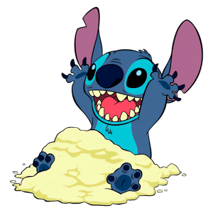 Personagem Stitch do filme Lilo & Stitch, feliz e animado, emergindo de uma pilha de areia com as patas levantadas e um grande sorriso, demonstrando alegria e diversão.