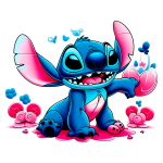 Personagem Stitch da Disney, sorridente e segurando um coração rosa, com um fundo colorido de flores e bolhas em tons de azul e rosa. Ideal para temas de amizade e amor.