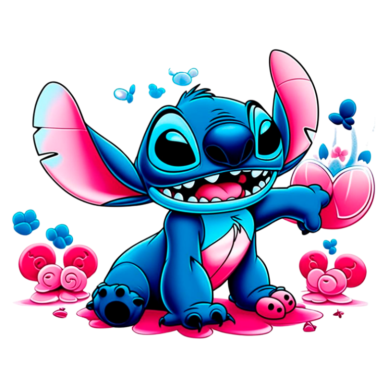 Personagem Stitch da Disney, sorridente e segurando um coração rosa, com um fundo colorido de flores e bolhas em tons de azul e rosa. Ideal para temas de amizade e amor.