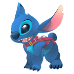 Stitch exibindo um sorriso amigável. Ele está usando um cinto colorido e apresenta olhos grandes e expressivos, refletindo uma aparência divertida e adorável.