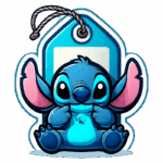 Personagem Stitch sentado em um fundo branco com uma etiqueta de preço. O personagem exibe uma expressão amigável e divertida.