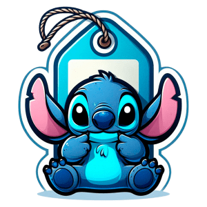 Personagem Stitch sentado em um fundo branco com uma etiqueta de preço. O personagem exibe uma expressão amigável e divertida.