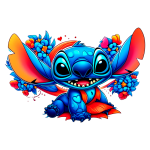 Ilustração colorida do personagem Stitch, do filme "Lilo & Stitch", com tons vibrantes de azul e detalhes florais ao redor. Stitch está sorrindo, destacando suas orelhas grandes e expressivas.