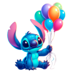 Stitch segurando balões coloridos em um fundo claro. Ideal para temas de festa e celebração.