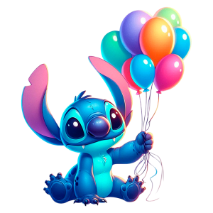 Stitch segurando balões coloridos em um fundo claro. Ideal para temas de festa e celebração.