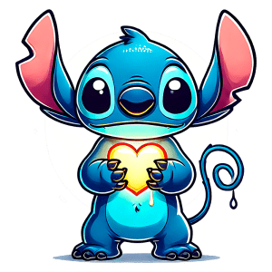 Stitch exibindo um coração iluminado, diante de um fundo circular branco. Ideal para temas de amizade e criatividade.
