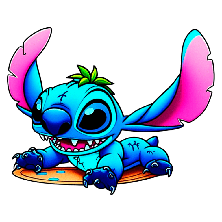 Imagem de Stitch, personagem azul do filme "Lilo & Stitch", com orelhas grandes e rosa, sorrindo e deitado sobre uma prancha, cercado por detalhes coloridos.
