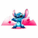 Personagem Stitch, da Disney, com pele azul e grandes orelhas, posando em um fundo rosa com flores. Ideal para temas de amizade e diversão.
