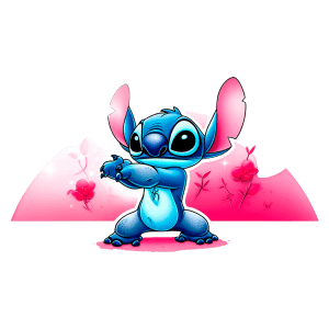 Personagem Stitch, da Disney, com pele azul e grandes orelhas, posando em um fundo rosa com flores. Ideal para temas de amizade e diversão.