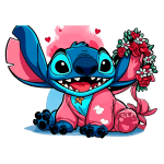 Imagem colorida do Stitch, personagem famoso da Disney, vestido com um roupão vermelho e segurando um buquê de flores. O Stitch exibe um grande sorriso, com corações ao fundo, transmitindo uma sensação de alegria e carinho. Ideal para ilustrar temáticas de amor e amizade.