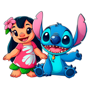 Personagens de animação Lilo e Stitch, com Lilo vestindo uma camiseta rosa e saia verde, ao lado de Stitch, um alienígena azul sorridente. A imagem destaca a amizade e a aventura.