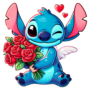 Personagem de cartoon Stitch segurando um bouquet de rosas vermelhas, expressando simpatia e felicidade com um sorriso, acompanhado de corações. Ideal para temas de amizade e amor.