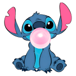 Stitch, personagem icônico da Disney, sentado e soprando uma bolha de chiclete rosa, com as orelhas grandes e rosa e um olhar divertido. Ideal para fans de animação e cultura pop.
