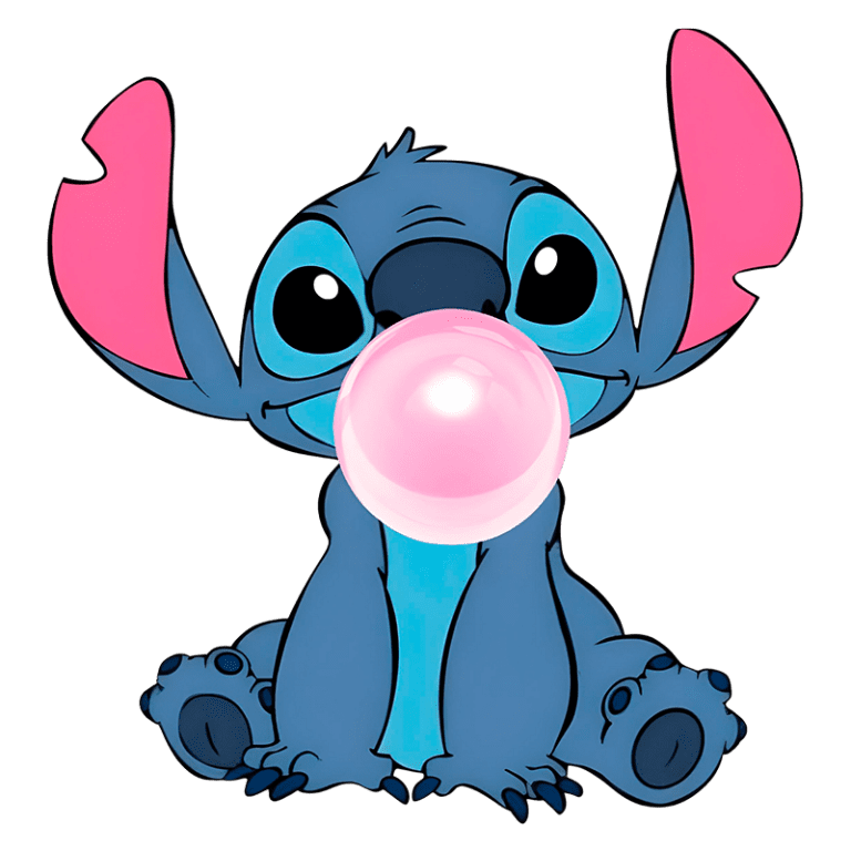 Stitch, personagem icônico da Disney, sentado e soprando uma bolha de chiclete rosa, com as orelhas grandes e rosa e um olhar divertido. Ideal para fans de animação e cultura pop.