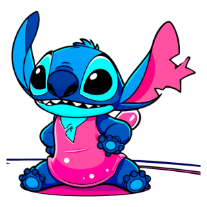 Personagem Stitch extraterrestre, com grandes olhos pretos e um sorriso esperto, vestindo uma camisa rosa e um lenço azul. Ele tem orelhas longas e uma cauda pequena, posando de forma amigável. Ideal para fãs da animação "Lilo & Stitch".