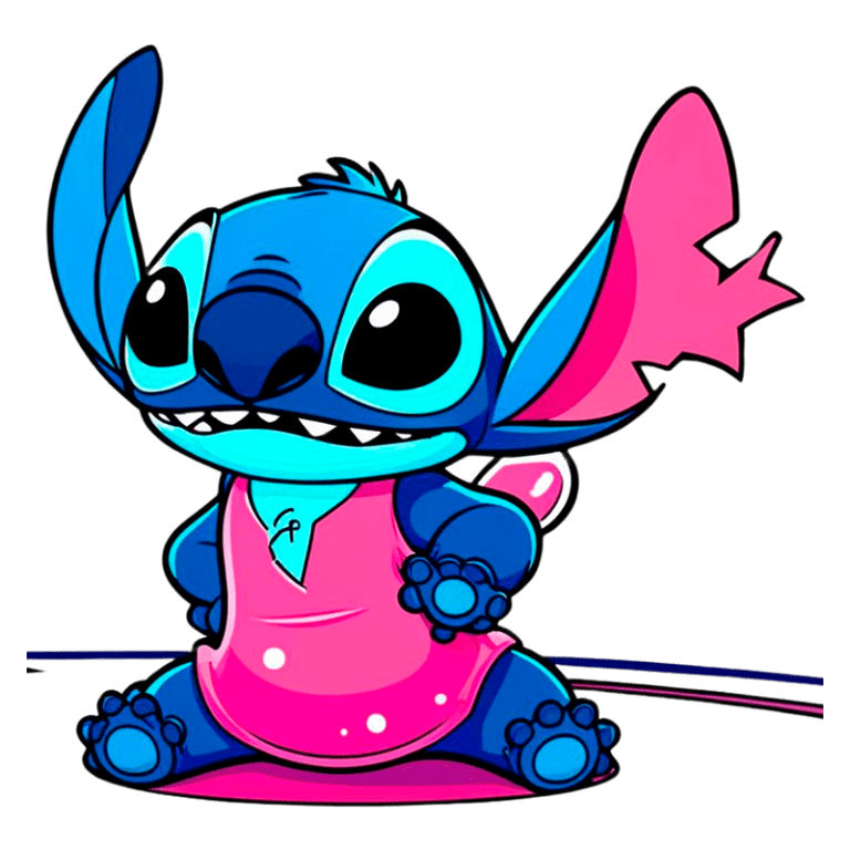 Personagem Stitch extraterrestre, com grandes olhos pretos e um sorriso esperto, vestindo uma camisa rosa e um lenço azul. Ele tem orelhas longas e uma cauda pequena, posando de forma amigável. Ideal para fãs da animação "Lilo & Stitch".