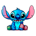 Personagem Stitch, de cor azul, sentado e sorridente, segurando novelos de lã coloridos, com orelhas grandes e expressivas. Ideal para temas de diversão e animação.