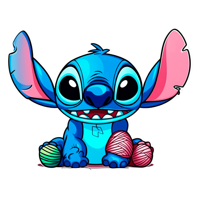 Personagem Stitch, de cor azul, sentado e sorridente, segurando novelos de lã coloridos, com orelhas grandes e expressivas. Ideal para temas de diversão e animação.