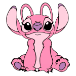 Angel com expressões alegres, sentado de forma adorável. Ideal para temas de ficção, desenhos animados e cultura pop.