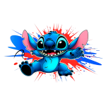 Personagem Stitch em estilo colorido e divertido com fundo em salpicos de tinta azul e vermelha. Ideal para fãs de animações e cultura pop.