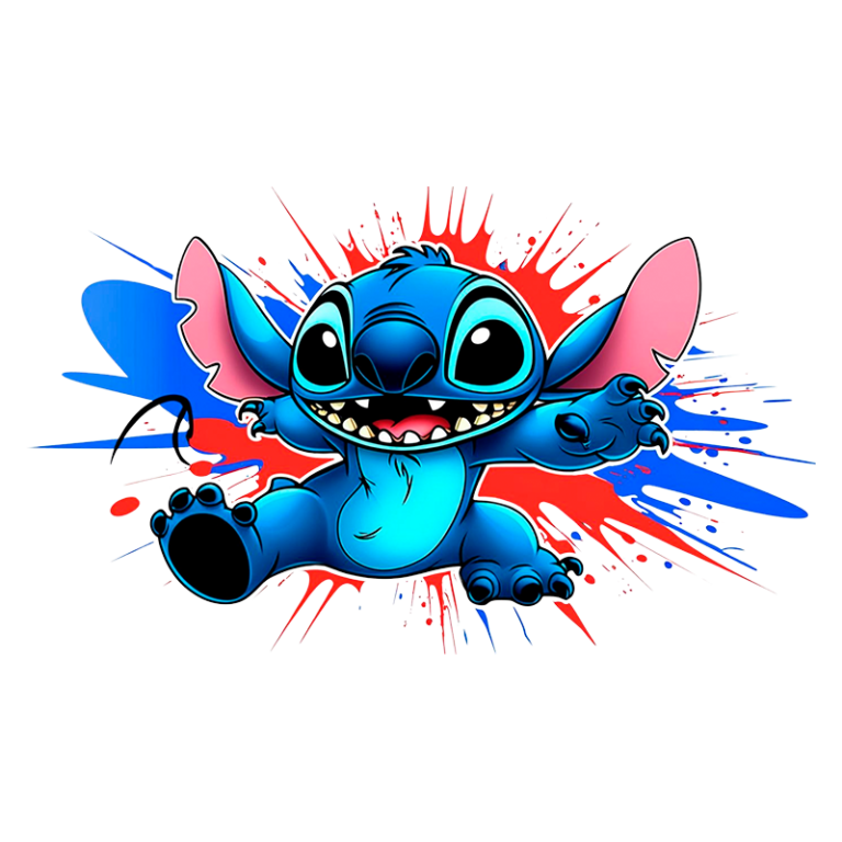 Personagem Stitch em estilo colorido e divertido com fundo em salpicos de tinta azul e vermelha. Ideal para fãs de animações e cultura pop.