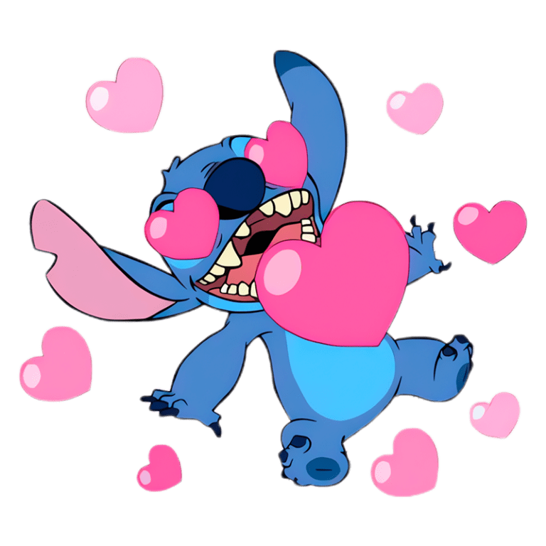 Personagem Stitch do filme Lilo & Stitch, expressando amor com olhos de coração e segurando um grande coração rosa, cercado por pequenos corações, em fundo verde.