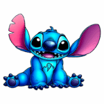 Desenho animado de Stitch, personagem azul e fofo com orelhas grandes e sorridente, sentado em um fundo verde. Ideal para o público que adora a Disney e cultura pop.