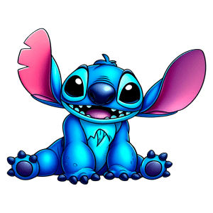 Desenho animado de Stitch, personagem azul e fofo com orelhas grandes e sorridente, sentado em um fundo verde. Ideal para o público que adora a Disney e cultura pop.