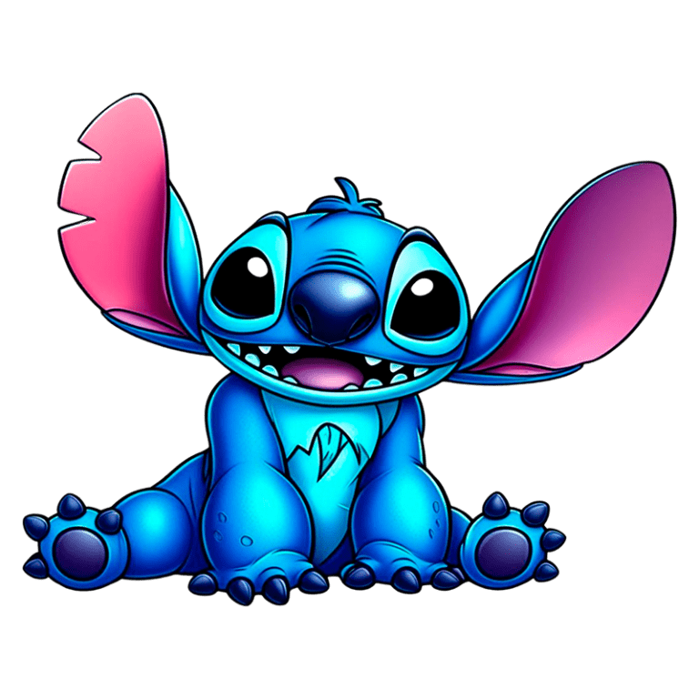 Desenho animado de Stitch, personagem azul e fofo com orelhas grandes e sorridente, sentado em um fundo verde. Ideal para o público que adora a Disney e cultura pop.