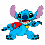 Personagem Stitch, do filme da Disney, em azul vibrante, com um sorriso largo e orelhas grandes, vestido com uma capa vermelha, em uma pose dinâmica e alegre.