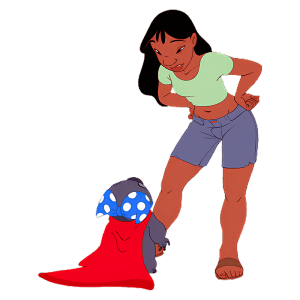 Personagem Nani sorridente vestindo uma blusa verde e shorts, interagindo com Stitch adorável de pele cinza, usando uma capa vermelha e um laço azul com bolinhas brancas. A cena reflete uma amizade divertida e colorida.