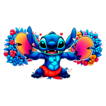 Personagem Stitch, da Disney, sorrindo e segurando conchas em meio a flores coloridas. Ilustração vibrante e divertida, ideal para fãs de animações e cultura pop.
