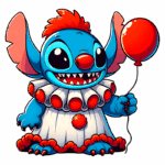 Stitch vestido de palhaço, segurando um balão vermelho, com um sorriso largo e olhos grandes, em um fundo verde.