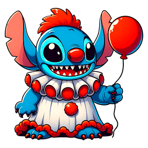 Stitch vestido de palhaço, segurando um balão vermelho, com um sorriso largo e olhos grandes, em um fundo verde.