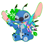 Stitch, personagem da Disney, segurando um brinquedo de galinha e um unicórnio colorido, cercado por folhas verdes em fundo preto.