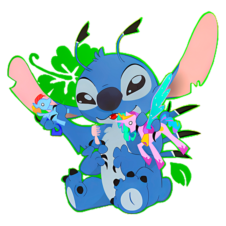 Stitch, personagem da Disney, segurando um brinquedo de galinha e um unicórnio colorido, cercado por folhas verdes em fundo preto.