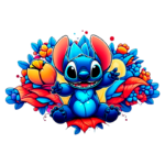 Stitch cercado por flores vibrantes. O personagem parece feliz e está posicionado no centro de um fundo floral detalhado, destacando-se em meio a tons quentes e frios.