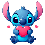 Personagem Stitch segurando um coração rosa, com fundo verde, representando amizade e carinho. Ideal para temas relacionados a amor e conexão.