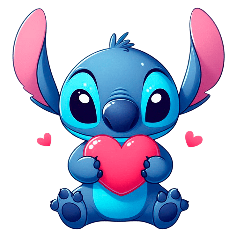 Personagem Stitch segurando um coração rosa, com fundo verde, representando amizade e carinho. Ideal para temas relacionados a amor e conexão.