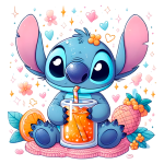 Personagem animado Stitch segurando um copo de suco laranja, cercado por frutas como abacaxi e laranja, com flores e corações coloridos ao fundo. Ideal para temas de diversão e verão.
