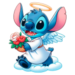 Personagem Stitch de Disney com asas de anjo, halo, segurando um buquê de flores em uma nuvem, estilo cartoon.