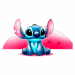 Personagem de desenho animado Stitch, sentado com orelhas grandes e expressão adorável, em tom azul, contra um fundo rosa suave com brilhos. Ideal para fãs de animação e cultura pop.