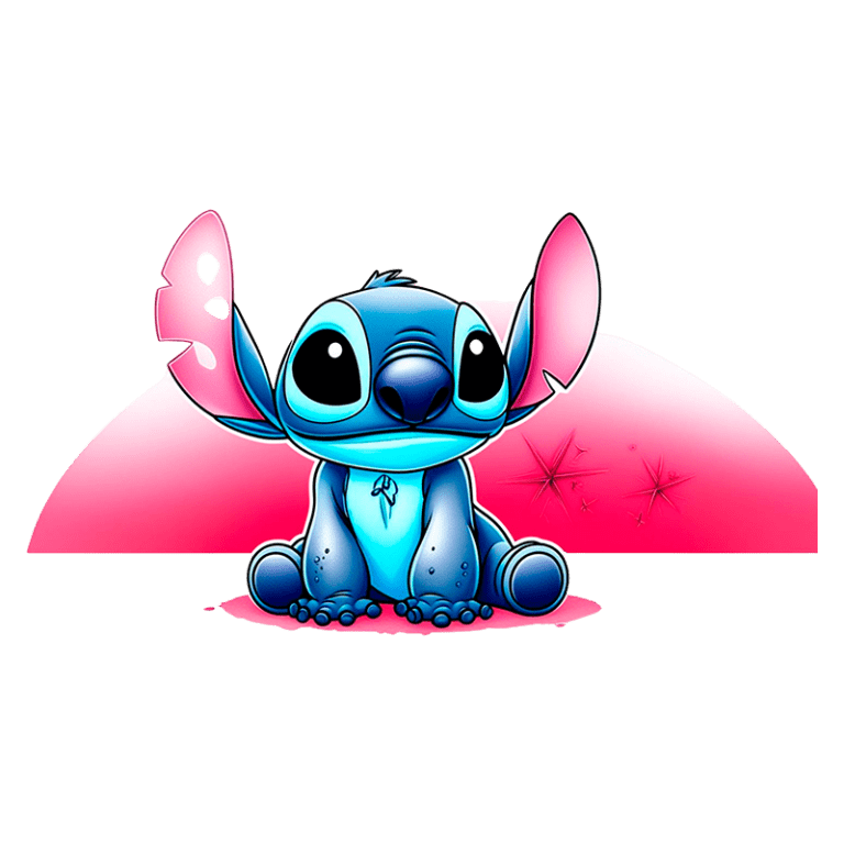 Personagem de desenho animado Stitch, sentado com orelhas grandes e expressão adorável, em tom azul, contra um fundo rosa suave com brilhos. Ideal para fãs de animação e cultura pop.