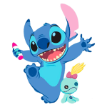 Imagem do personagem Stitch, do filme Lilo & Stitch, sorrindo e segurando um giz colorido, ao lado de um boneco com aparência de brinquedo.