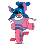Stitch, personagem do filme Lilo & Stitch, andando de bicicleta rosa com um sorriso animado, em uma pose divertida e cheia de energia.