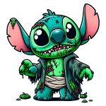 Stitch com aparência de zumbi, apresentando pele azul esverdeada e roupas rasgadas. O personagem possui olhos grandes e expressivos, além de detalhes de sujeira e feridas, criando um visual divertido e assustador.