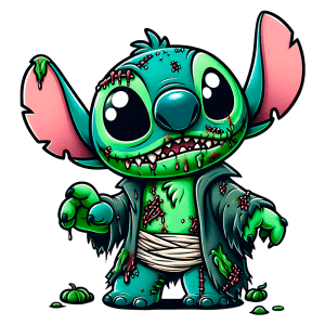 Stitch com aparência de zumbi, apresentando pele azul esverdeada e roupas rasgadas. O personagem possui olhos grandes e expressivos, além de detalhes de sujeira e feridas, criando um visual divertido e assustador.